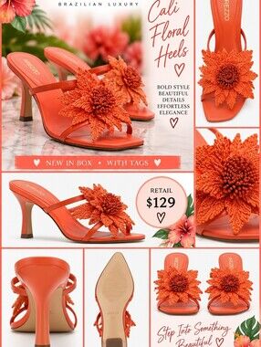 Arezzo Cali Floral Heels in Coral Orange NIB